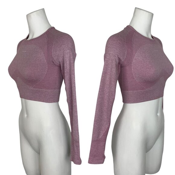 Gymshark Flex Sports Long Sleeve Crop Top S Light Purple Marled Thumb Hole Logo - Picture 3 of 11